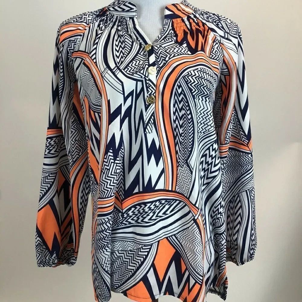EUC! Tracy Negoshian White Navy and Orange Blouse Size Extra Small XS